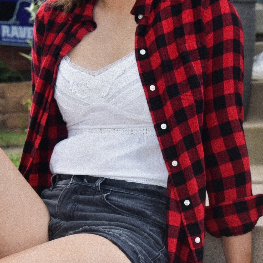 A red and black fitted boyfriend shirt